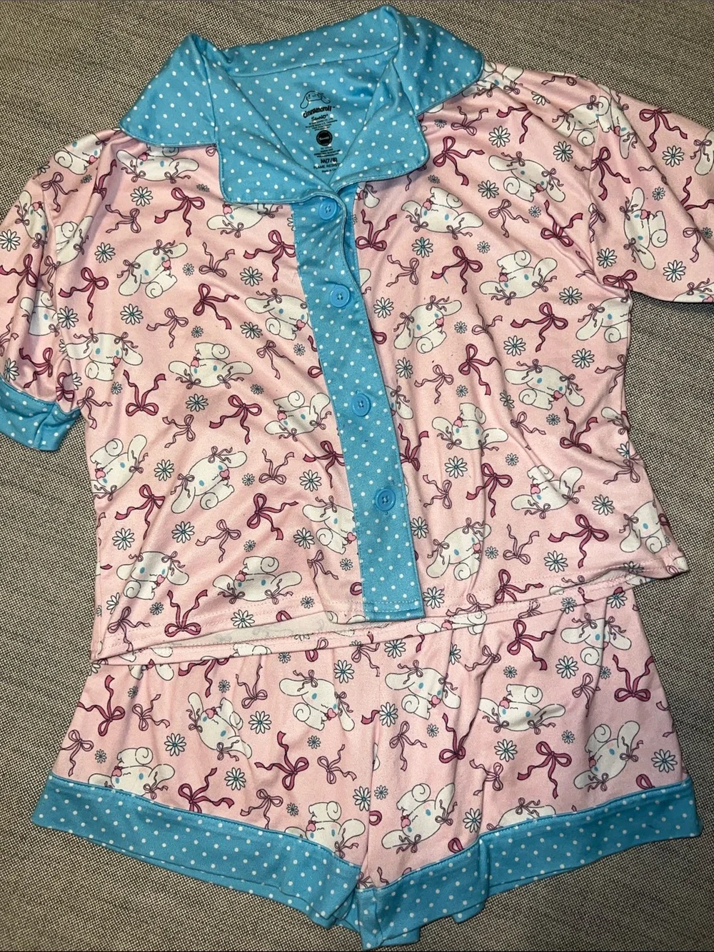 Girls Pink and Blue Short Pajama Set - Cute Bow Animal Print cinnamon roll M 7/8